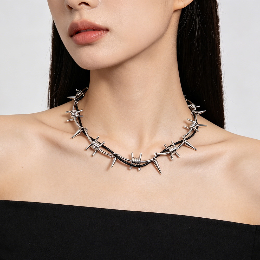 Men Accessories Necklace - Gothic Barbed Wire Rivet Leather Double